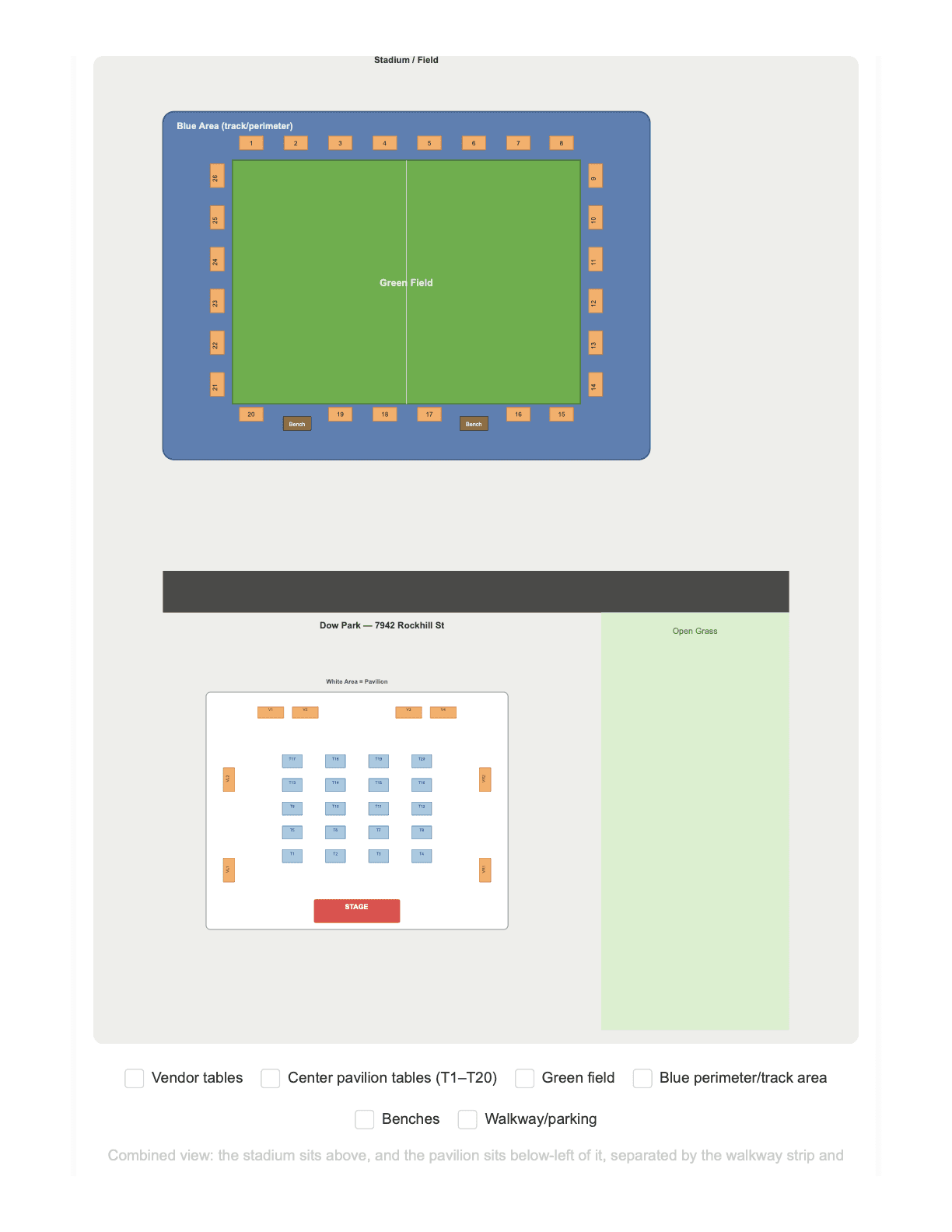 Site map of Dow Park showing the stadium field with 26 numbered vendor spaces, the pavilion with a stage and tables T1 through T20, and open grass